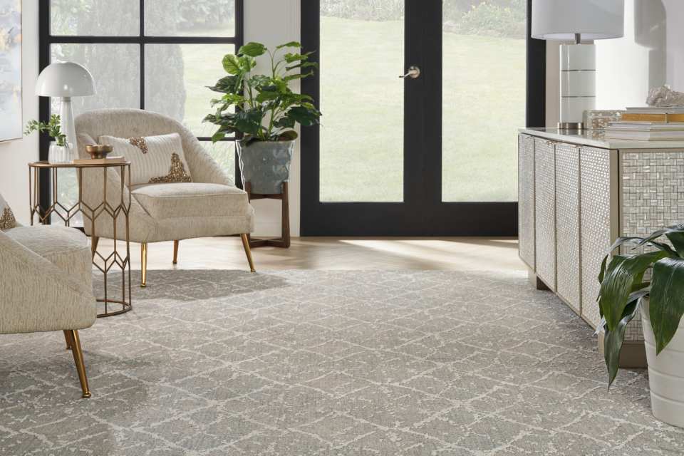 grey patterned area rug in classic living room with gold accents and greenery